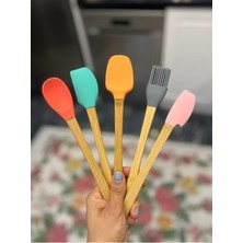 5'li Renkli Ahşap Saplı Silikon Uçlu Spatula Fırçalı Kaşık Seti -Yemek Hazırlık Seti 21 cm