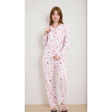 Kadın Kalpli Desenli Uzun Kollu Önden Düğmeli Gömlek Yaka Pembe Pijama Takımı