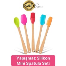 Svein Mini Spatula Kaşık Fırça Setleri Yapışmaz Silikon Tencere Ahşap Saplı Renkli Pişirme Mutfak Araçları