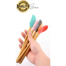 Svein Mini Spatula Kaşık Fırça Setleri Yapışmaz Silikon Tencere Ahşap Saplı Renkli Pişirme Mutfak Araçları