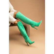 Shoetek Sara Kadın Çizme Ince Topuklu Su Yeşili Süet