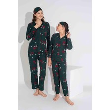 Yeni Sezon Sonbahar/Kış Kız Çocuk Geyik Desenli Süet Pijama Takımı 2724-11 Zümrüt Yeşili