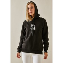 Yazı Detaylı Şardonlu Kapüşonlu Siyah Sweatshirt