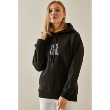 Yazı Detaylı Şardonlu Kapüşonlu Siyah Sweatshirt