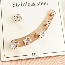 Kyver Tektaş Küpe Yıldız Model Tektaş Üçlü Set Küpe Kararmaz Çelik Gold