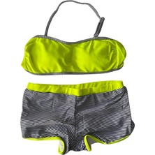 Hazelin Kız Çocuk Neon Sarı Siyah Çizgili Şortlu 4-12 Yaş Straplez Bikini Takım HZL24S-LC9034