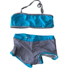 Hazelin Kız Çocuk Mavi Siyah Çizgili Şortlu 4-12 Yaş Straplez Bikini Takım HZL24S-LC9034