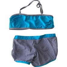 Hazelin Kız Çocuk Mavi Siyah Çizgili Şortlu 4-12 Yaş Straplez Bikini Takım HZL24S-LC9034