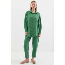 Hazelin Kadın Zümrüt Yeşil Keten Gömlek Pantolon  Alt-Üst Ikili Takım HZL23W-BD166221