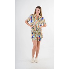 Hazelin Kadın Lacivert Desenli Şort Gömlek Alt Üst Takım  HZL24S-YY226