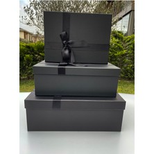 Siyah 3'lü Dikdörtgen Sert Mukavva Kurdeleli Hediye Kutusu Damat Gelin Çeyiz Bohça Kutusu