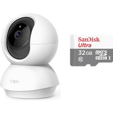 Tp-Lınk Tapo C210 360 Derece 2k UHD Yatay/dikey Hareketli Wi-Fi Güvenlik Kamerası ve Sandisk Ultra 32GB 100MB/S Microsdhc Uhs-I Hafıza Kartı