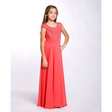 Kız Çocuk Yeni Moda 2024 Şifon Kumaş Tam Kalıp Abiye Elbise 5783 14-17 Yaş