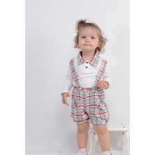 Ekose Desen 2'li Erkek Çocuk Salopet Takım Beyaz