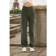 Pantulux Kız Çocuk %100 Pamuk Kargo Cep Yarım Bel Lastikli Wide Leg Haki Yeşil Okul PANTOLONU-PNT-2029