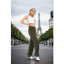 Pantulux Kız Çocuk %100 Pamuk Kargo Cep Yarım Bel Lastikli Wide Leg Haki Yeşil Okul PANTOLONU-PNT-2029