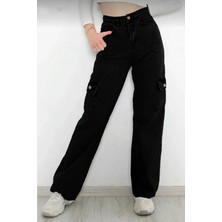 Pantulux Kız Çocuk %100 Pamuk Yüksek Bel Wide Leg Kargo Cepli Siyah Kot PANTOLON-PNT-2029-K