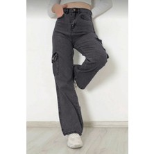 Pantulux Kız Çocuk %100 Pamuk Yüksek Bel Wide Leg Kargo Cepli Füme Gri Kot PANTOLON-PNT-2029-K