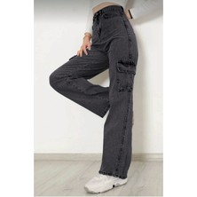 Pantulux Kız Çocuk %100 Pamuk Yüksek Bel Wide Leg Kargo Cepli Füme Gri Kot PANTOLON-PNT-2029-K