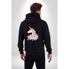 Angemiel Unicorn Çiçek  Kadın Erkek Siyah Renk Kapüşonlu Kanguru Cepli  Fermuarlı Pamuklu Oversize Dijital Baskılı Hırka Sweatshirt