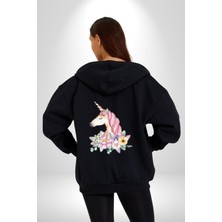 Angemiel Unicorn Çiçek  Kadın Erkek Siyah Renk Kapüşonlu Kanguru Cepli  Fermuarlı Pamuklu Oversize Dijital Baskılı Hırka Sweatshirt
