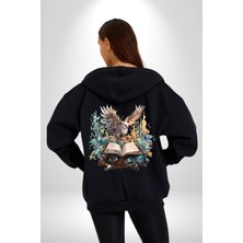 Angemiel Kitap Baykuş Sihir Kadın Erkek Siyah Kapüşonlu Fermuarlı Baskılı Hırka Sweatshirt