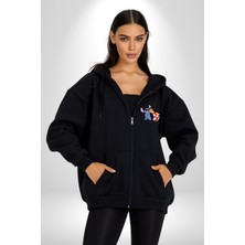 Angemiel Lilo Ve Stitch Öpücük Kadın Erkek Siyah Kapüşonlu Fermuarlı Baskılı Hırka Sweatshirt
