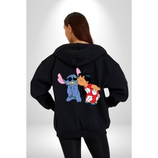 Angemiel Lilo Ve Stitch Öpücük Kadın Erkek Siyah Kapüşonlu Fermuarlı Baskılı Hırka Sweatshirt