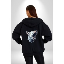 Angemiel Bull Terier Köpek Havlama  Kadın Erkek Siyah Renk Kapüşonlu Kanguru Cepli  Fermuarlı Pamuklu Oversize Dijital Baskılı Hırka Sweatshirt