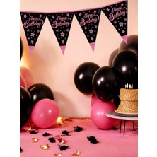Pink Stars Happy Birthday Yazılı Flama Bayrak Asılabilir Doğum Günü Süsü