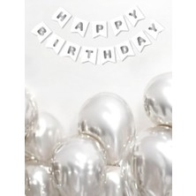 Happy Birthday Yazı Doğum Günü Banner Beyaz Gümüş