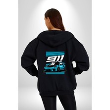 Porsche 911 Gt3 Araba Kadın Erkek Siyah Kapüşonlu Fermuarlı Baskılı Hırka Sweatshirt