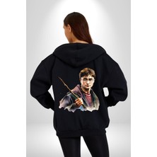 Angemiel Sulu Boya Harry Potter Kadın Erkek Siyah Kapüşonlu Fermuarlı Baskılı Hırka Sweatshirt