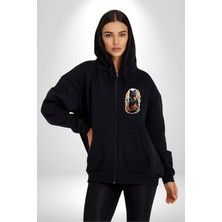 Angemiel Çiçekli Siyah Kedi Etiket  Kadın Erkek Siyah Renk Kapüşonlu Kanguru Cepli  Fermuarlı Pamuklu Oversize Dijital Baskılı Hırka Sweatshirt