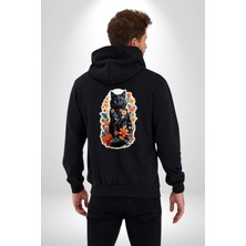 Angemiel Çiçekli Siyah Kedi Etiket  Kadın Erkek Siyah Renk Kapüşonlu Kanguru Cepli  Fermuarlı Pamuklu Oversize Dijital Baskılı Hırka Sweatshirt