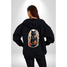 Angemiel Çiçekli Siyah Kedi Etiket  Kadın Erkek Siyah Renk Kapüşonlu Kanguru Cepli  Fermuarlı Pamuklu Oversize Dijital Baskılı Hırka Sweatshirt