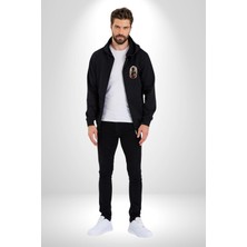 Angemiel Çiçekli Siyah Kedi Etiket  Kadın Erkek Siyah Renk Kapüşonlu Kanguru Cepli  Fermuarlı Pamuklu Oversize Dijital Baskılı Hırka Sweatshirt