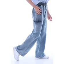 Kız Çocuk Oversize Kargo Cepli %100 Pamuk Denim Beli Lastikli Buz Mavi Kot PANTOLON-PNT-2043