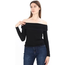 Penye Bizden Kadın  Açık Omuzlu Uzun Kollu T-shirt-Siyah