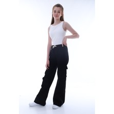 Pantulux Kız Çocuk Oversize Kargo Cepli %100 Pamuk Beli Lastikli Siyah Kot PANTOLON-PNT-2042
