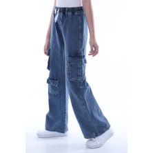 Pantulux Kız Çocuk Pamuk Denim Oversizegeniş Kesim Kargo Koyu Mavi Kot Pantolon -PNT-2042