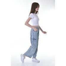 Kız Çocuk Wide Leg %100 Pamuk Kargo Model Buz Mavi Kot PANTOLON-PNT-2039