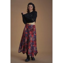 Los Banditos Kırmızı Etnik Desenli Biye Detaylı Asimetrik Kesimli Etek