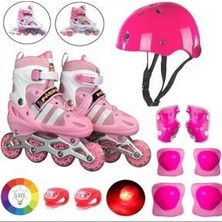 Pembe Işıklı Teker Ayarlanabilir Çocuk Alıştırma Paten 2 Fonksiyon Çakarlı Kask Dizlik Set