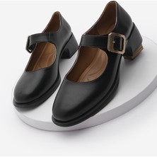 Marjin Kadın Tokalı Kalın Topuk Günlük Ayakkabı Loafer Meniz Siyah
