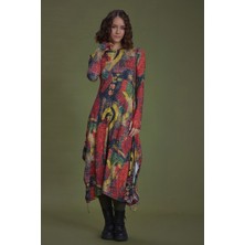 Kayık Yaka Parmak Geçmeli Kışlık Sarı Desenli Elbise