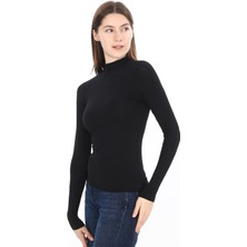Kadın Modal Dik Yaka Slim Fit Tişört-Siyah