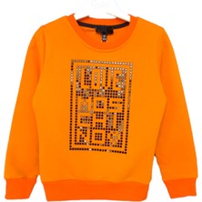 Little Tortoise Kız Çocuk Parlak Taşlı Yazı Işlemeli Turuncu Şık Mevsimlik Sweatshirt