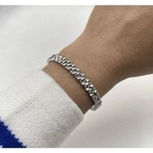 Paslanmaz Çelik Rolex Model Kelepçe Kadın Bileklik Gümüş