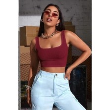 Askılı Kadın Crop Top Büstiyer, Kare Yaka Crop Top Büstiyer, Kalın Askılı Crop
